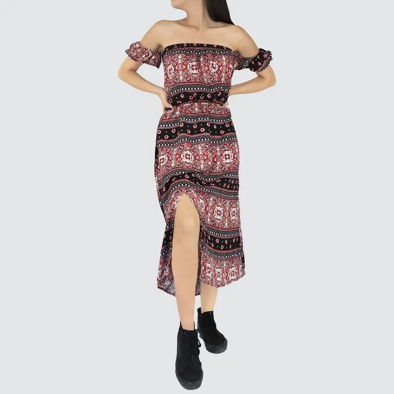 Vestido Casual Con Hombros Descubiertos Para Dama, Color Negro Con Rojo 2