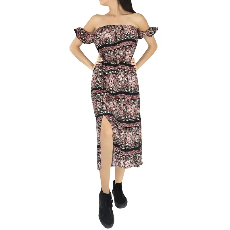 Vestido Casual Con Hombros Descubiertos Para Dama, Color Vino Con Negro 1