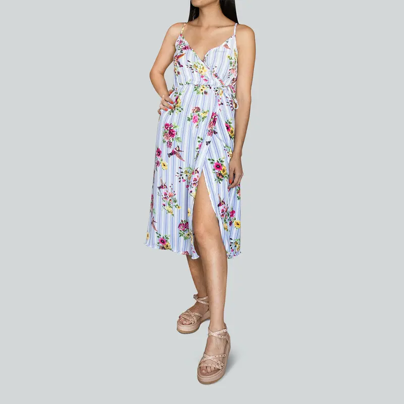 Vestido De Tirantes Con Abertura Lateral Azul Con Flores 1