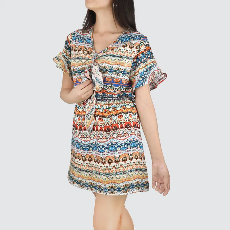 Vestido Juvenil Con Moño Frontal Color Azul Con Naranja 1