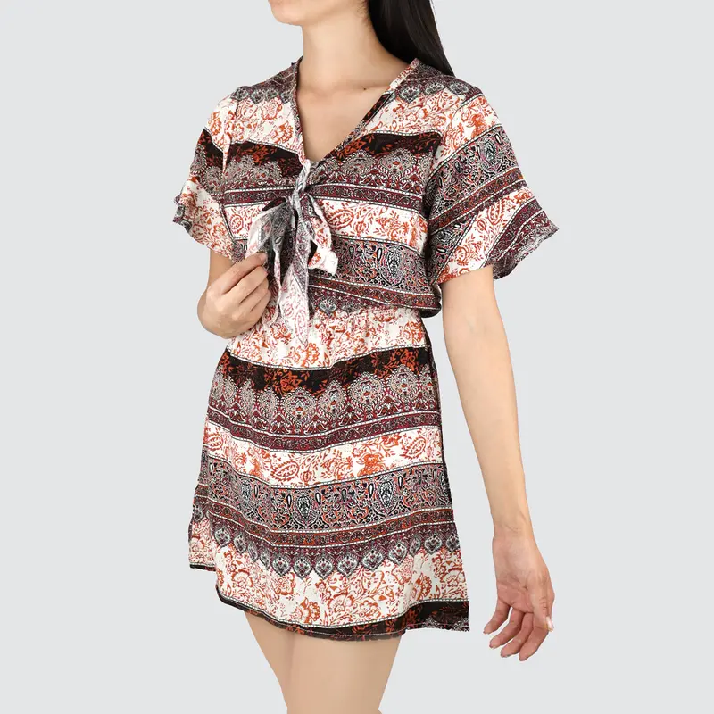 Vestido Juvenil Con Moño Frontal Color Café Con Beige 1