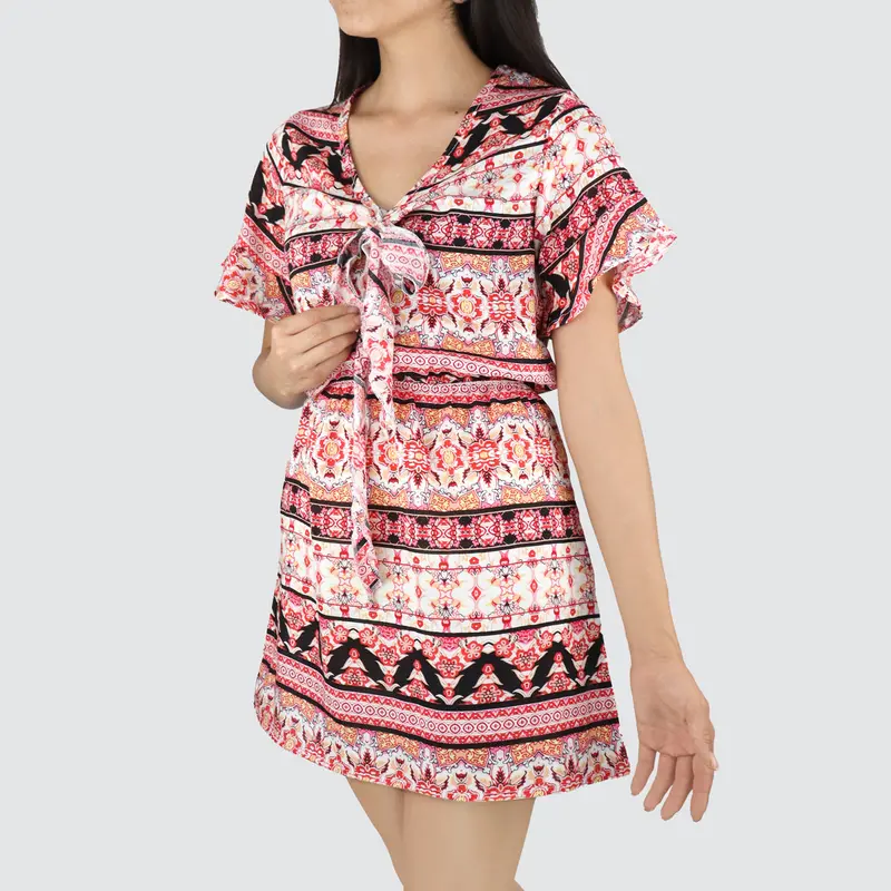 Vestido Juvenil Con Moño Frontal Color Rojo Con Negro 1