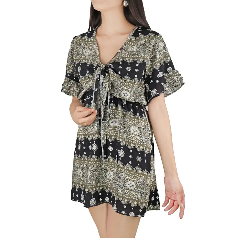 Vestido Juvenil Con Moño Frontal Color Verde Con Negro 2