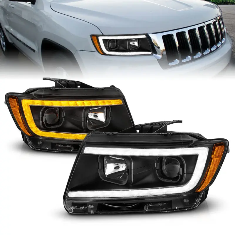 Anzo Projector Headlight Assembly For 2011–2013 Jeep Grand Cherokee – Factory Halogen-Compatible, Integrated Light Bar, Switchback Black Housing 1