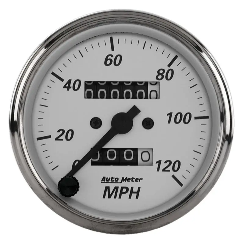 Autometer 3-1/8-Inch Mechanical Tachometer And Speedometer Combo – Silver Bezel, White Dial, 120 Mph Range With Trip Function 1