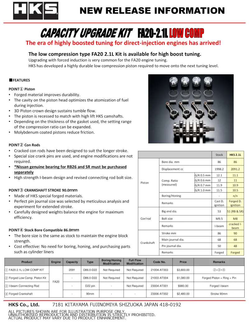 Hks Low-Compression Forged Piston Kit – Fa20 2.1L Engine 1